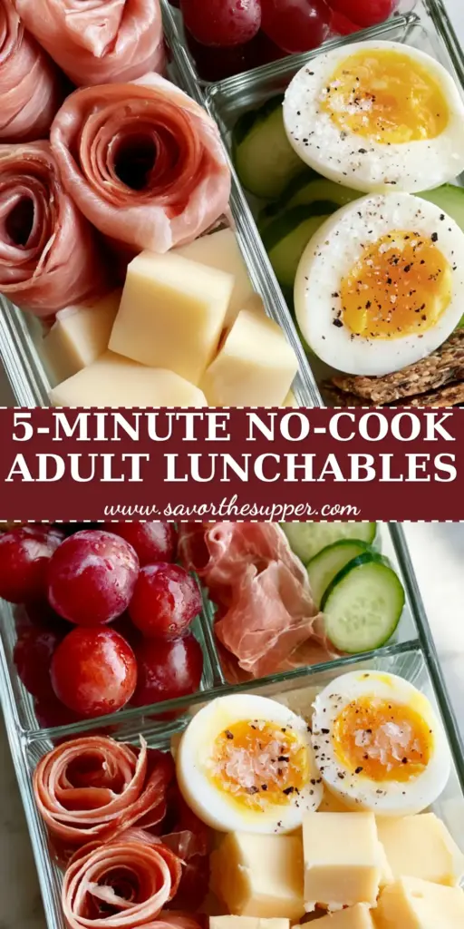A gourmet glass bento box containing prosciutto rosettes, aged cheddar, and a jammy egg. (Adult Lunchable Ideas)
