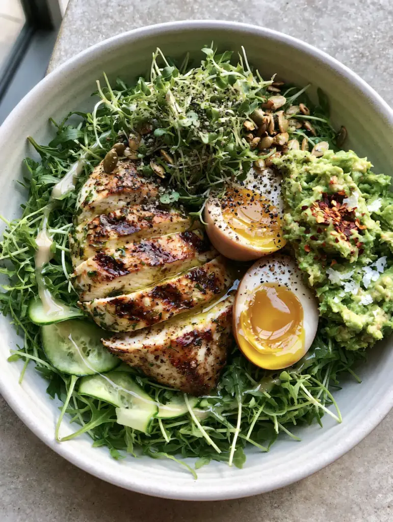 Light Dinner Ideas: The Ultimate Mediterranean Power Bowl with Lemon-Herb Chicken 2 Overhead view of a vibrant power bowl with cucumber ribbons and chicken breast, ideal for light dinner ideas.