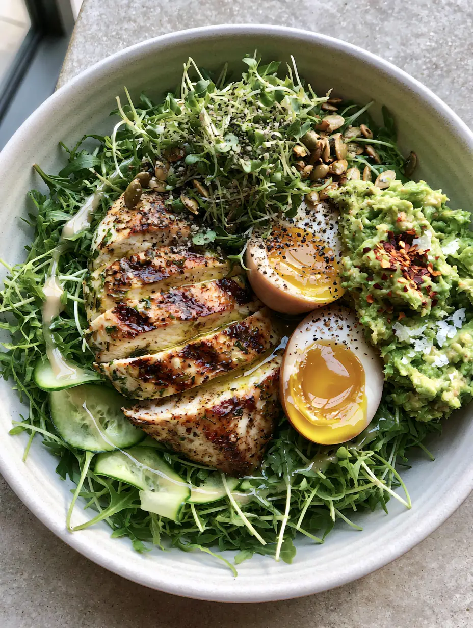 Light Dinner Ideas: The Ultimate Mediterranean Power Bowl with Lemon-Herb Chicken 4 Overhead view of a vibrant power bowl with cucumber ribbons and chicken breast, ideal for light dinner ideas.