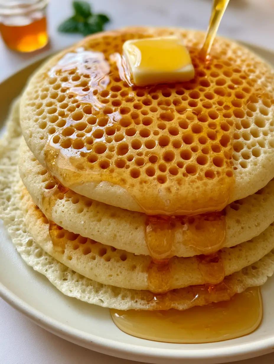 High-angle close-up of Baghrir African crepes showing the porous thousand-hole surface and cascading honey glaze.