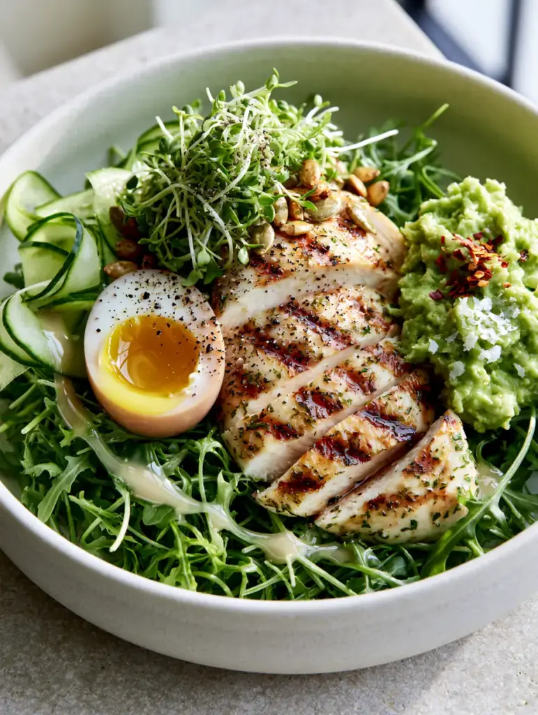 Light Dinner Ideas: The Ultimate Mediterranean Power Bowl with Lemon-Herb Chicken 1 Detailed view of seared lemon chicken breast and jammy eggs in a white ceramic bowl. (Light dinner ideas)
