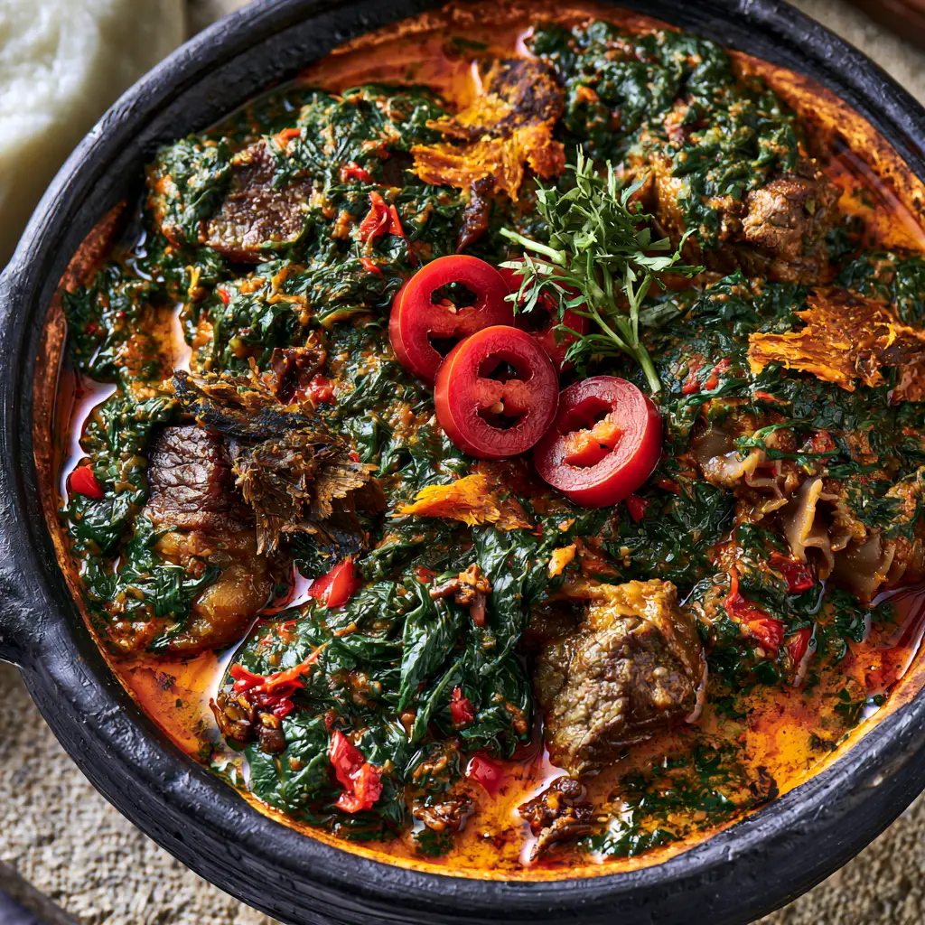 Nigerian Spinach Stew served in a rustic earthenware bowl with scotch bonnet garnish and pounded yam.
