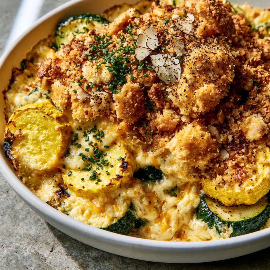 A close-up of the buttery cracker and panko topping on a Yellow Squash and Zucchini Casserole with visible flakes of cracked black pepper.