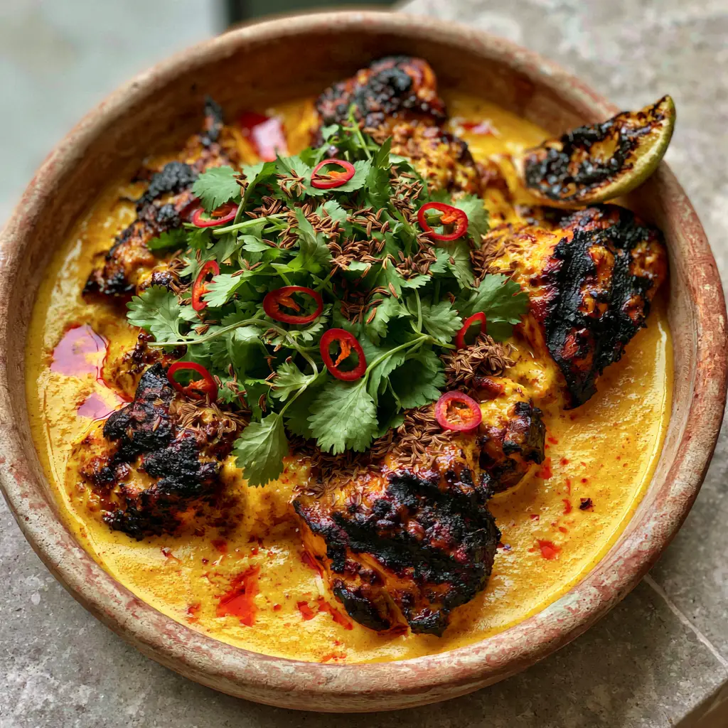 Close up of flame-grilled chicken with char marks in a golden coconut curry sauce. (Kuku Paka recipe)