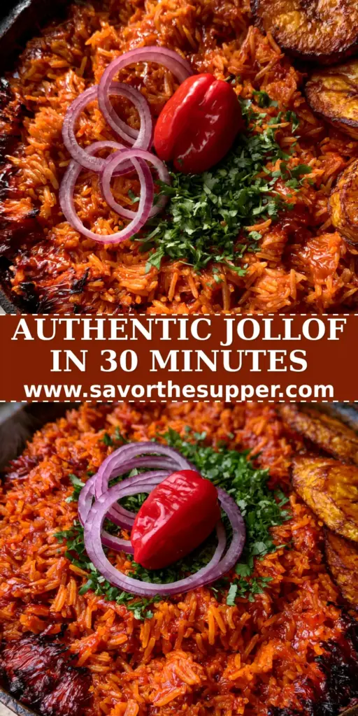 Authentic African Dishes: Smoky West African Jollof Rice with Golden Plantains 3 A rustic black cast iron pot filled with vibrant orange-red Jollof rice, topped with fresh red onion rings, a whole scotch bonnet, and cilantro, served with golden fried plantains. (authentic African dishes)