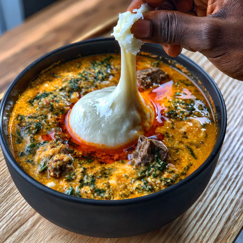 West African Fufu and Egusi Soup: The Ultimate Guide to Perfect Elasticity 2 Close-up of a hand pulling a piece of elastic West African Fufu from a vibrant bowl of Egusi soup with braised beef and spinach.