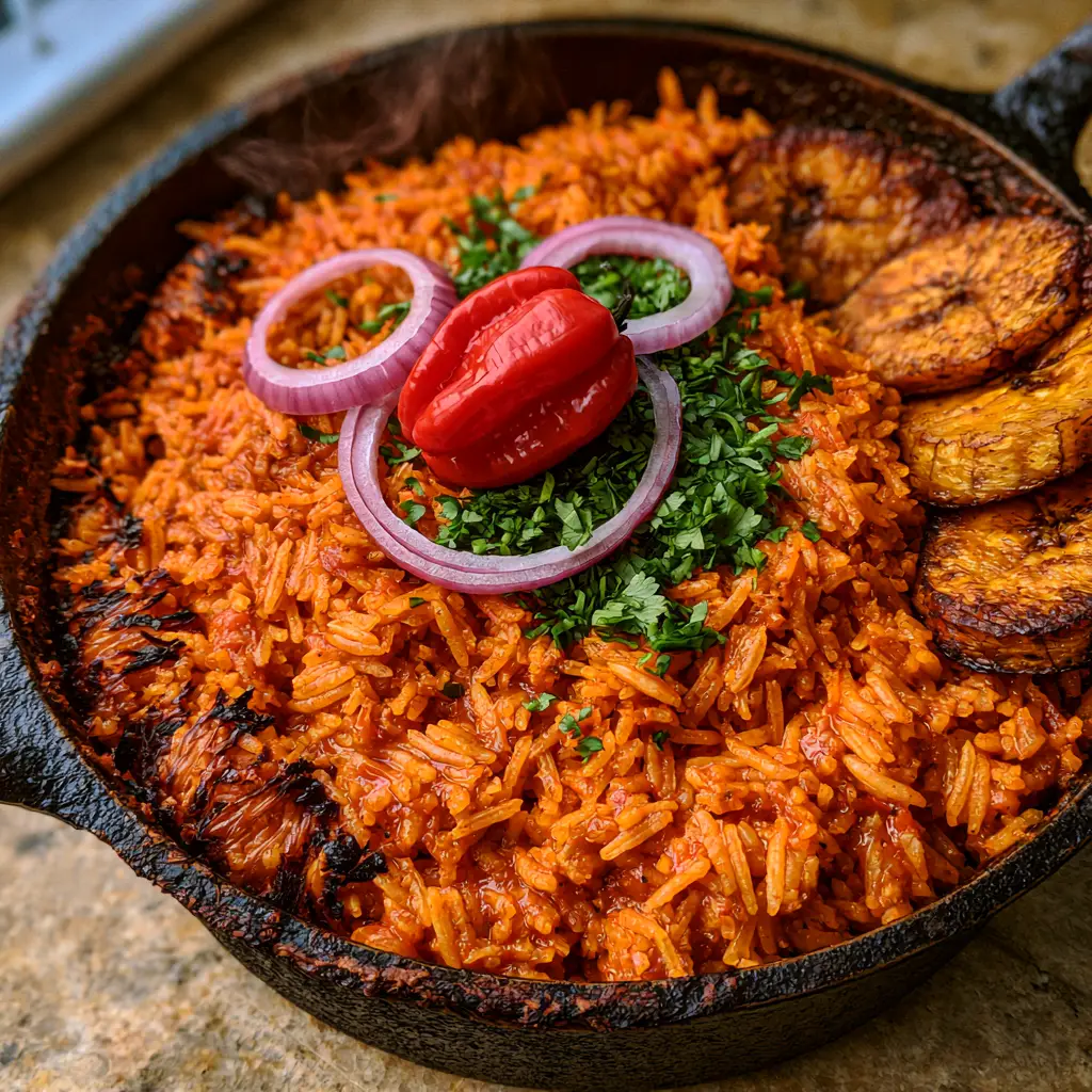 Authentic African Dishes: Smoky West African Jollof Rice with Golden Plantains 2 Close up of glossy long-grain Jollof rice in a cast iron pot with charred edges and vibrant red pepper sauce. (authentic African dishes)