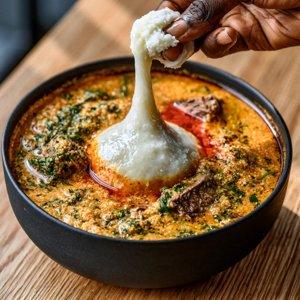 West African Fufu and Egusi Soup: The Ultimate Guide to Perfect Elasticity 1 A high-angle shot of a matte black bowl containing golden-orange Egusi soup and white cassava fufu on a light wooden table.