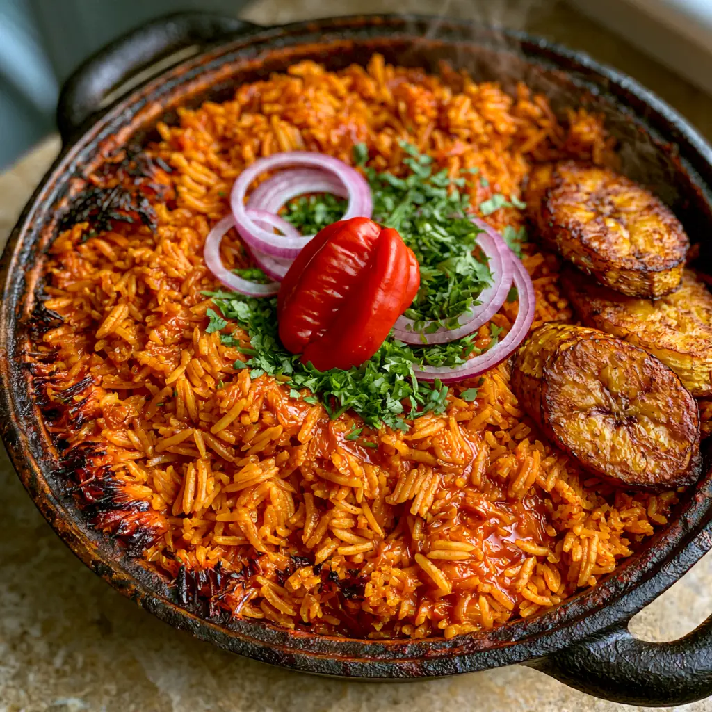 Authentic African Dishes: Smoky West African Jollof Rice with Golden Plantains 1 Top-down view of authentic Jollof rice garnished with raw red onion rings and cilantro, with golden plantains on the side.
